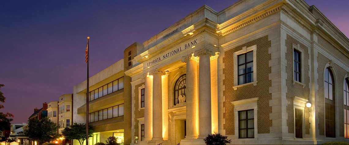 ENB Financial Corporation Exterior image of the Ephrata National Bank financial corporation at night
