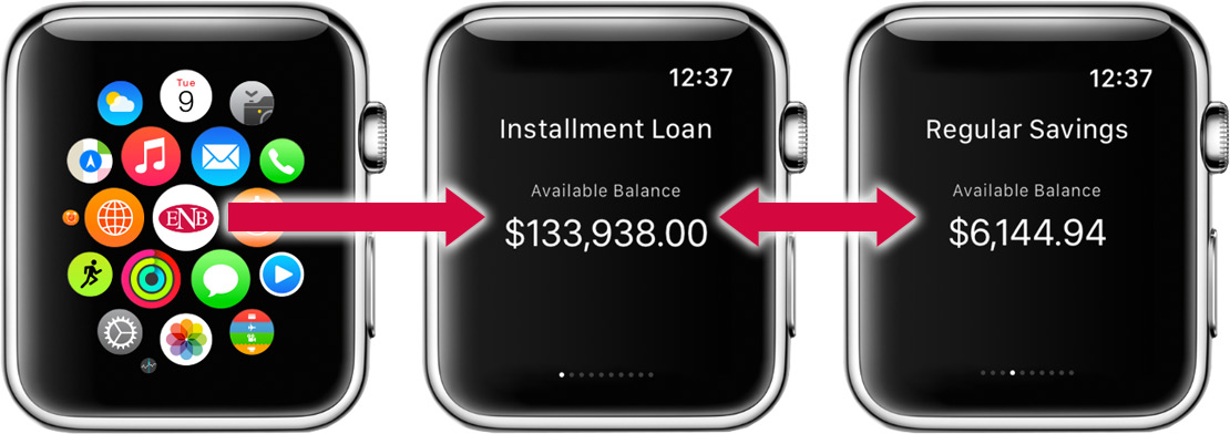 ENB Apple Watch app demonstrating account balances screens