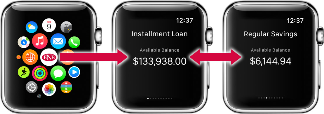 ENB Apple Watch app demonstrating account balances screens