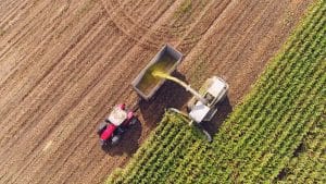 Farm machines harvesting corn in Autumn, aerial view.