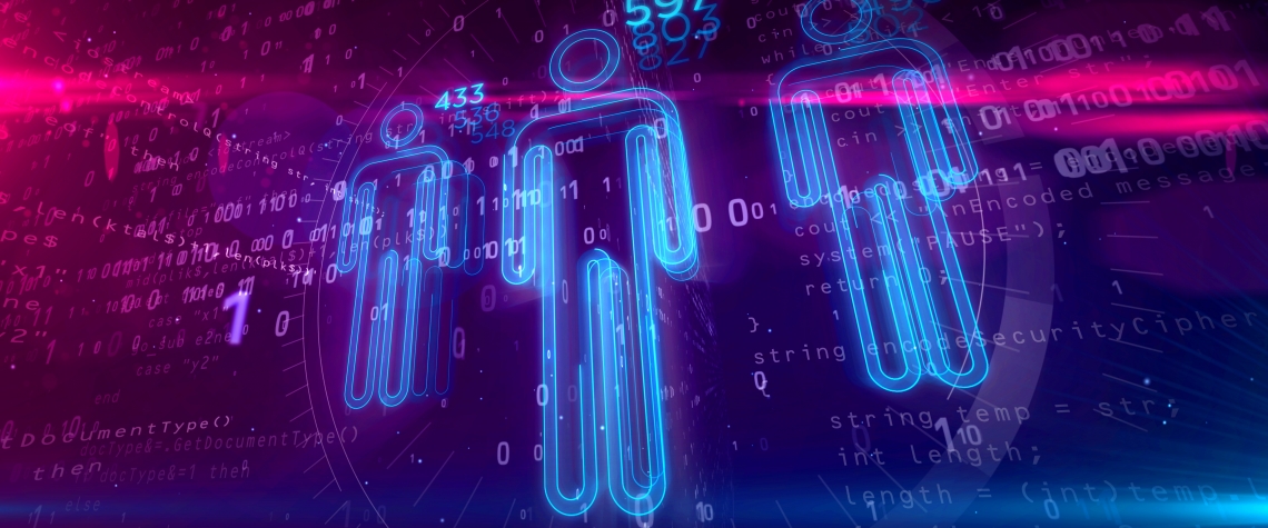 Social scoring and credit rating concept on digital background. Analysing and profiling people by artificial intelligence technology 3D illustration.