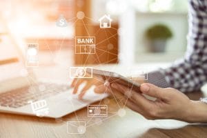 mobile banking network. business people using mobile phone with icon application online payment.